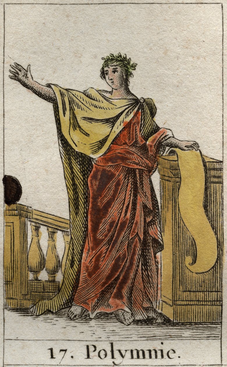 Darstellung von Polyhymnia, Muse des heiligen Gesangs und der Beredsamkeit. Aus „Mythologie de la jeunesse“ von Pierre Blanchard 1803. von French School