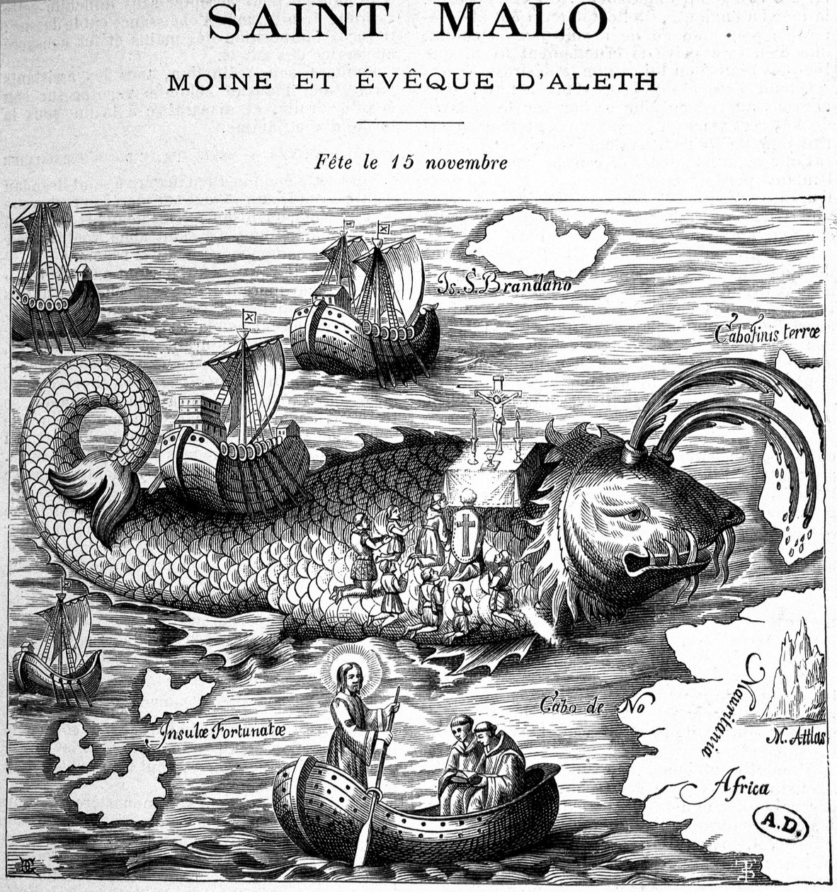 Darstellung von Saint Malo (Saint Maclou) auf dem Rücken eines Wals, dargestellt nach der Art von Saint Brendan (Brandan) von Clonfert oder Breanainn von Clonfert (ca. 484-577/578) - Stich von French School