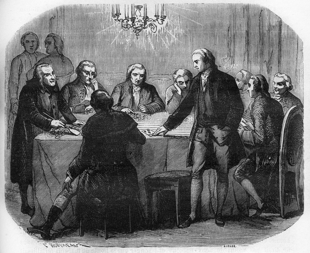 Darstellung eines Spielhauses unter Ludwig XV. Gravur in „Die Geschichte der Prostitution und Ausschweifung unter allen Völkern der Welt von der Antike bis zur Gegenwart“ von Dr. Th. -F. Debray von French School
