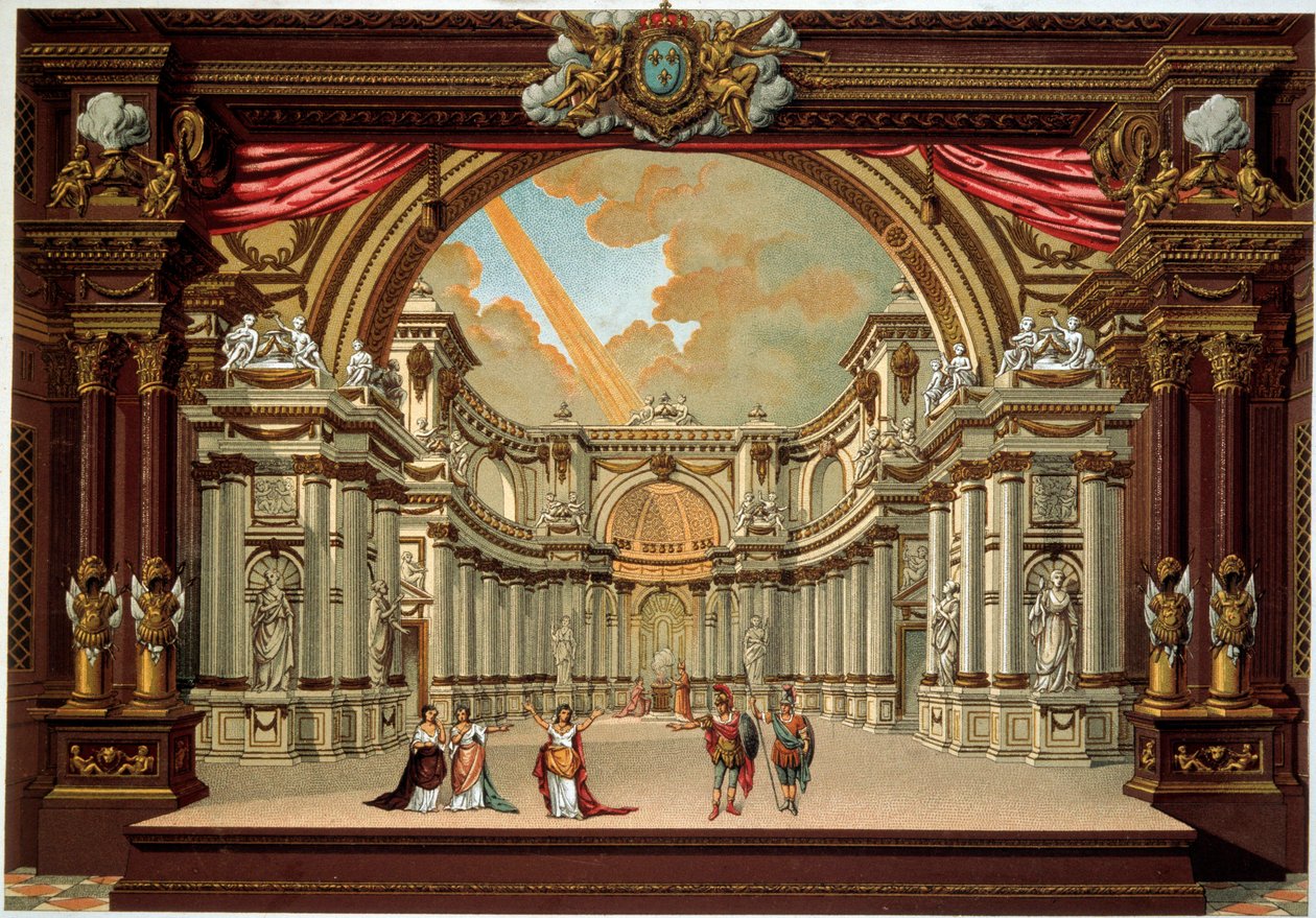 Darstellung eines Stücks von Jean Baptiste Poquelin, genannt Molière (1622-1673), im Theater des Schlosses von Versailles. Lithographie des 19. Jahrhunderts. Dekorative Künste, Paris von French School