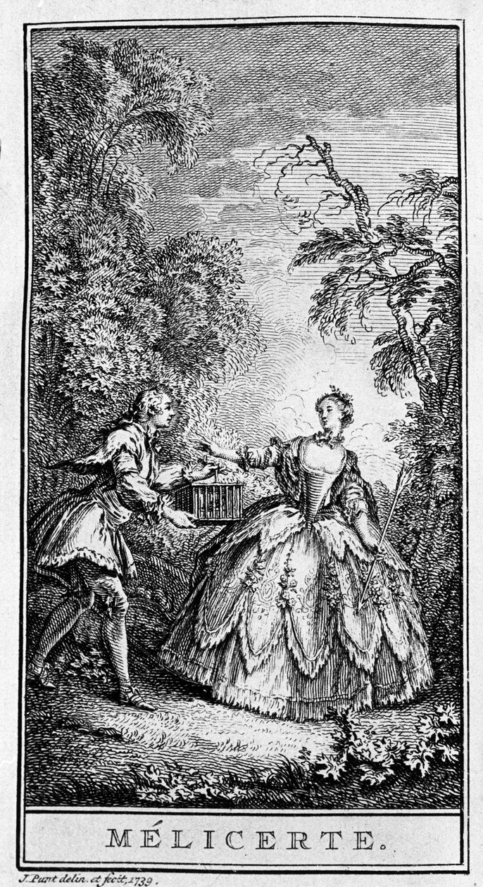 Darstellung einer Szene aus dem Stück „Melicerte“ (1666) von Jean Baptiste Poquelin genannt Moliere (1622-1673). Gravur von 1739. von French School
