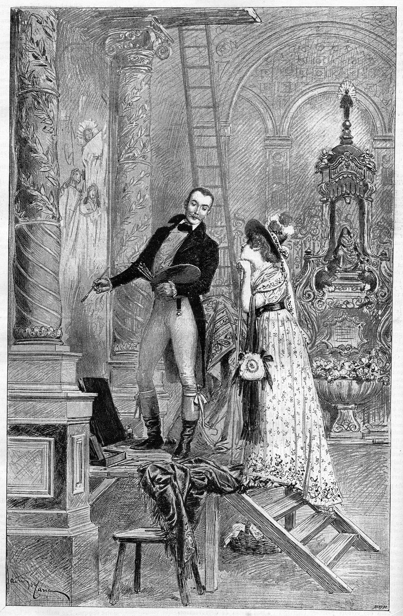 Darstellung der Tosca, Drama von Victorian Sardou im Théâtre de la Porte Saint Martin 1887. Hier Akt 1, die Kirche St. Andrea mit Dumeny und Henriette Rosine Bernard genannt Sarah Bernhardt (1844-1923) von French School