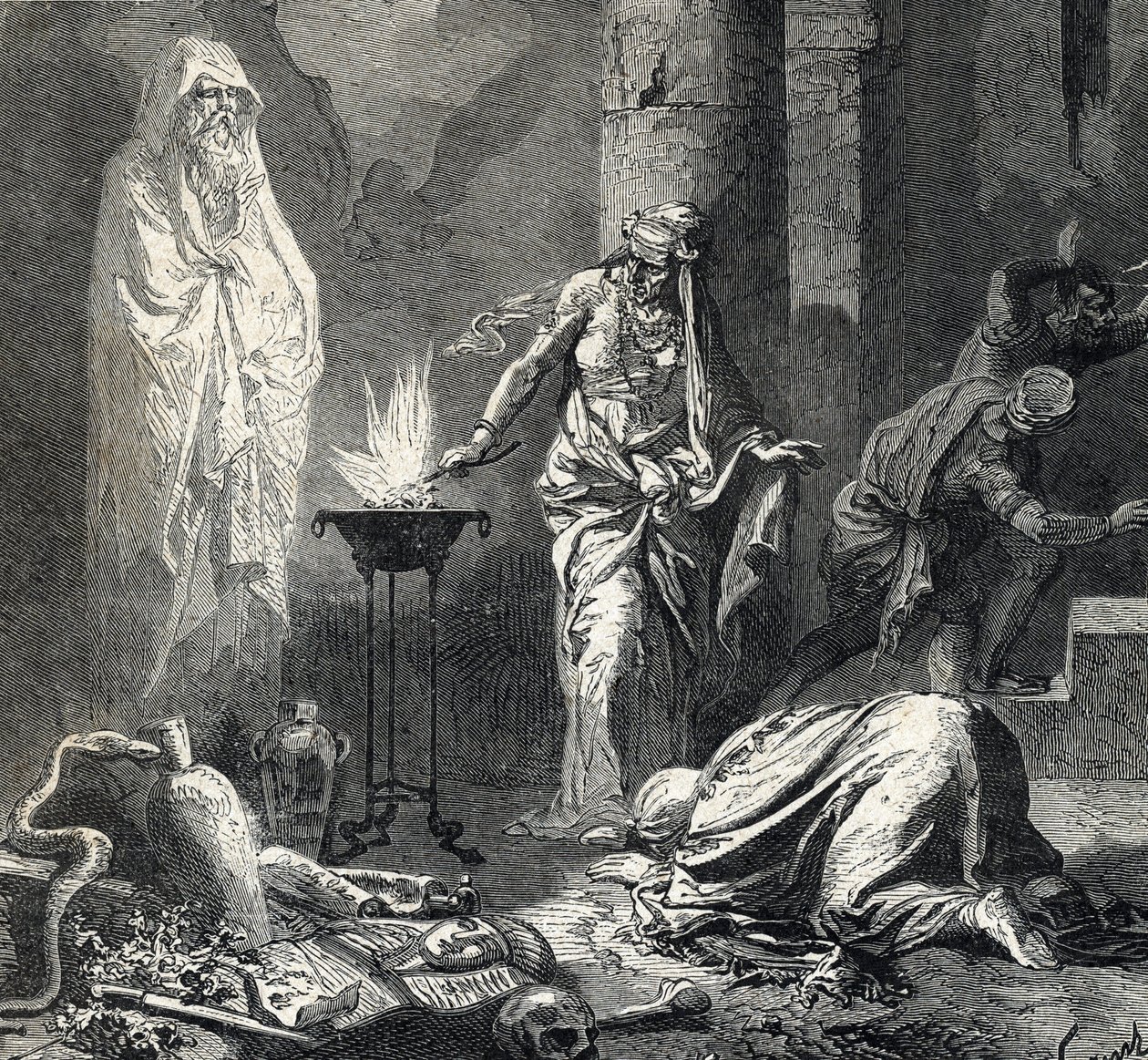 Darstellung der Hexe von Endor (oder Pythonisse von Endor), ein kanaanitisches Dorf, das im ersten Buch Samuel (Bibel) erwähnt wird, das einen Talisman hat, mit dem sie den Geist des kürzlich verstorbenen Propheten Samuel auf Wunsch von Saul, König von Isr von French School