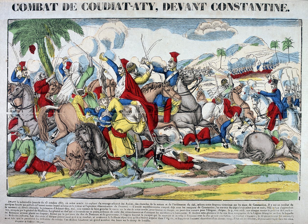 Darstellung der Schlacht von Coudiat Aty, vor Constantine, die zur Eroberung von Constantine am 13. Oktober 1837 führte. Bild von Epinal von French School