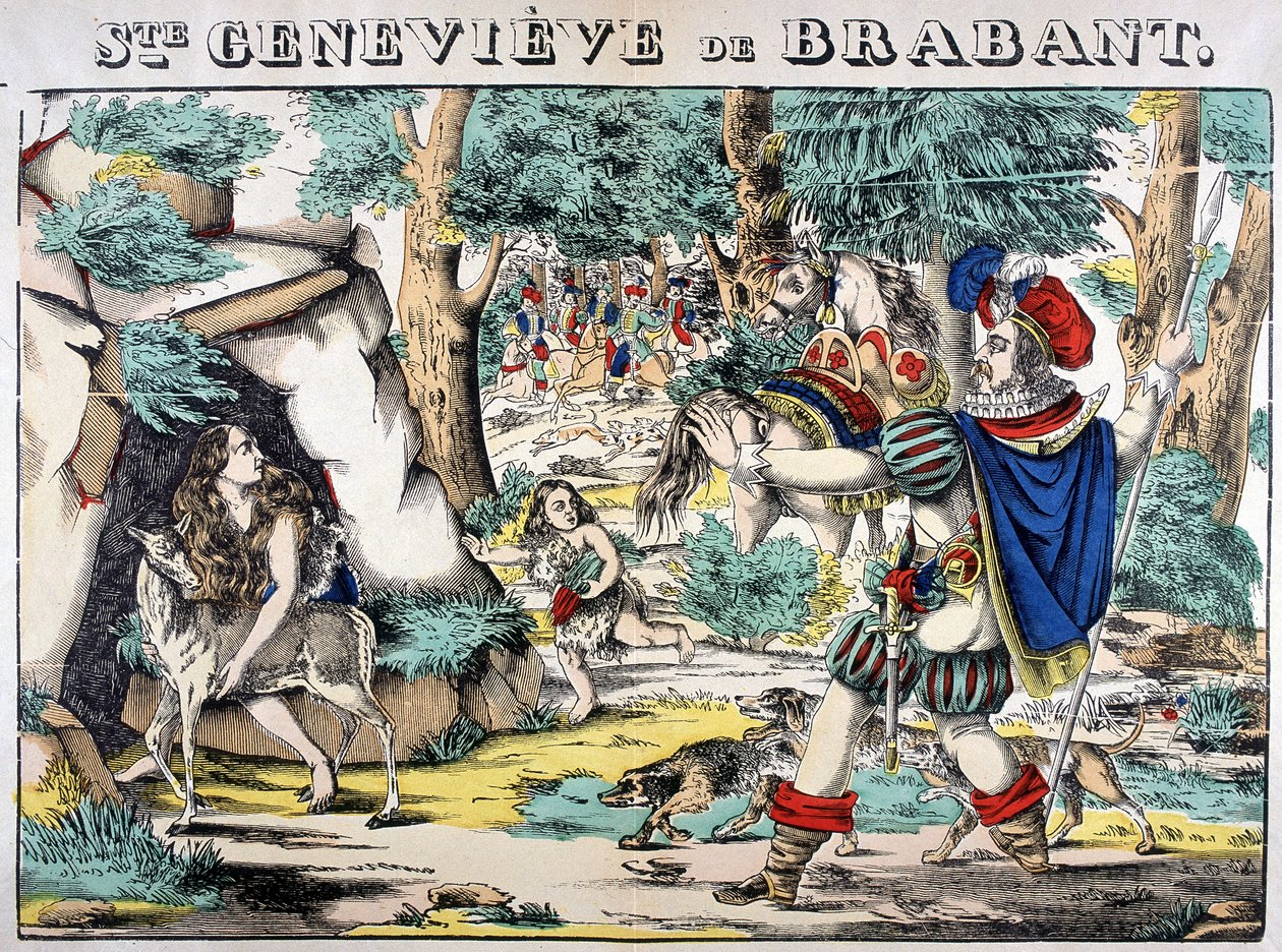 Darstellung der Legende von der heiligen Genoveva von Brabant. Szene der Begegnung zwischen Genoveva, die im Wald verlassen wurde, und ihrem Ehemann. Bild von Epinal von French School