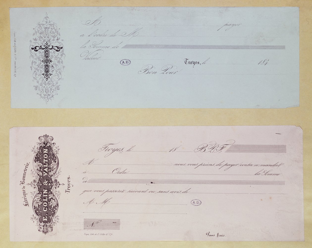 Zahlungsaufforderungen, ausgestellt in Troyes in den 1840er Jahren von French School