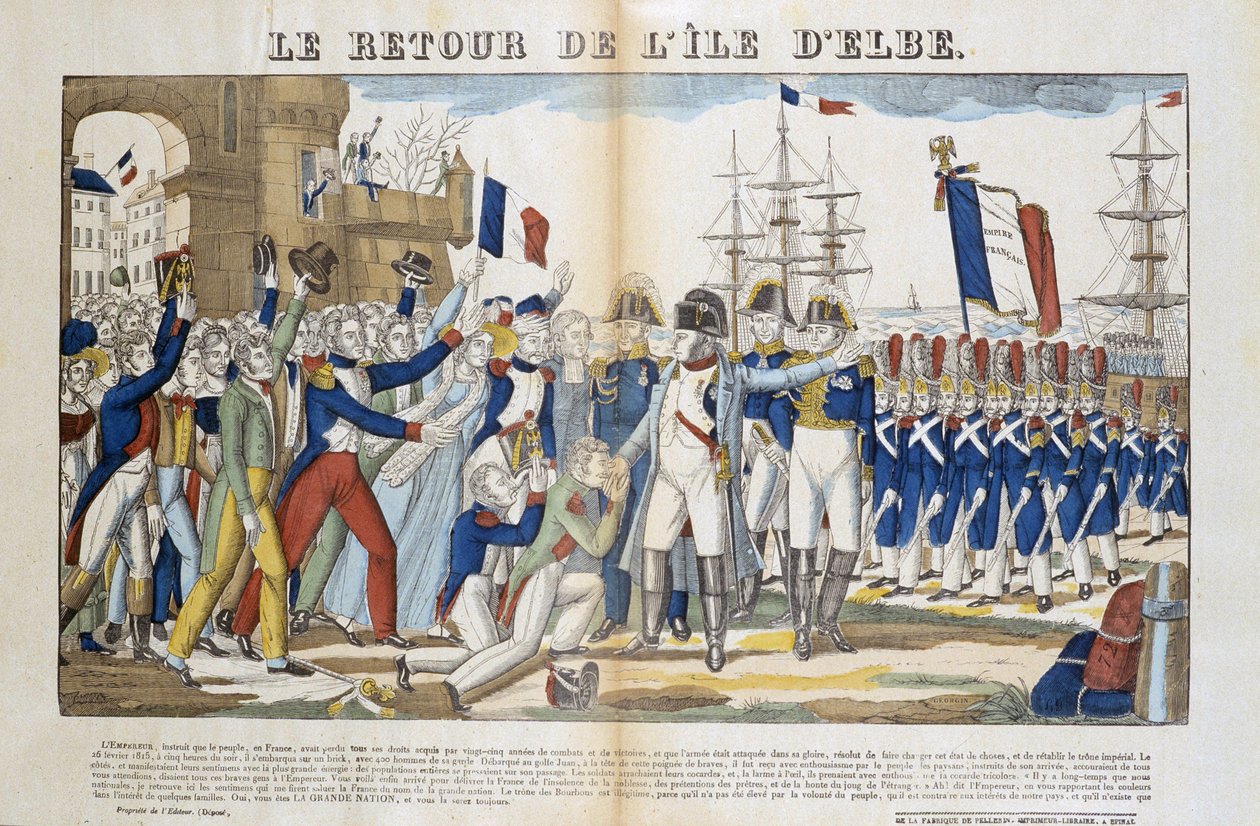 Rückkehr von Napoleon Bonaparte (1769-1821) aus seinem Exil auf der Insel Elba im Jahr 1815. Bild von Epinal von French School