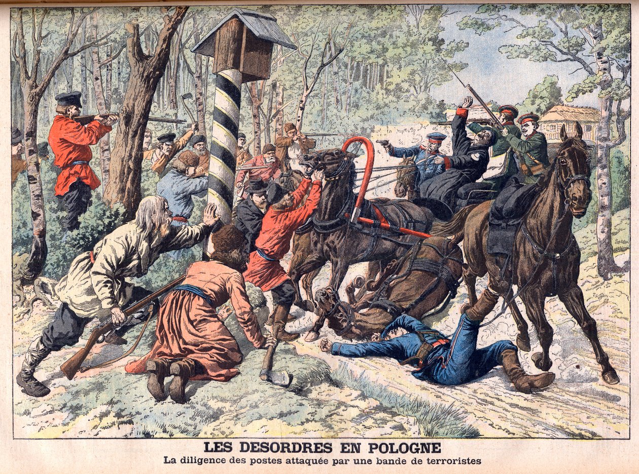 Revolutionär in Polen - Terroristen greifen eine Postkutsche in Polen an. Die Unruhen in Polen. Postkutsche von einer Bande Terroristen angegriffen. Illustration für Le Petit Journal. von French School