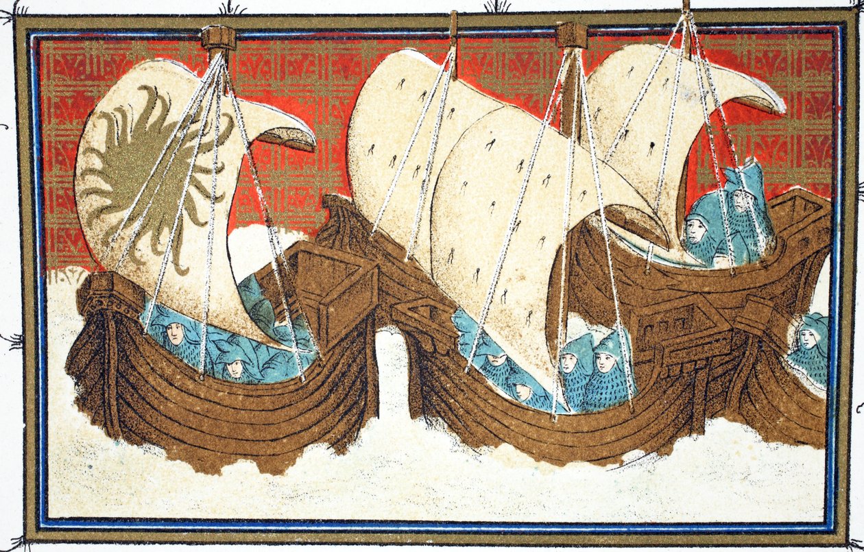 Richard II. und seine Flotte landen in Milford Haven, Faksimile-Kopie aus Le Prinse et Mort du Roy Richart von Jean Creton, nachgedruckt im 19. Jahrhundert von French School