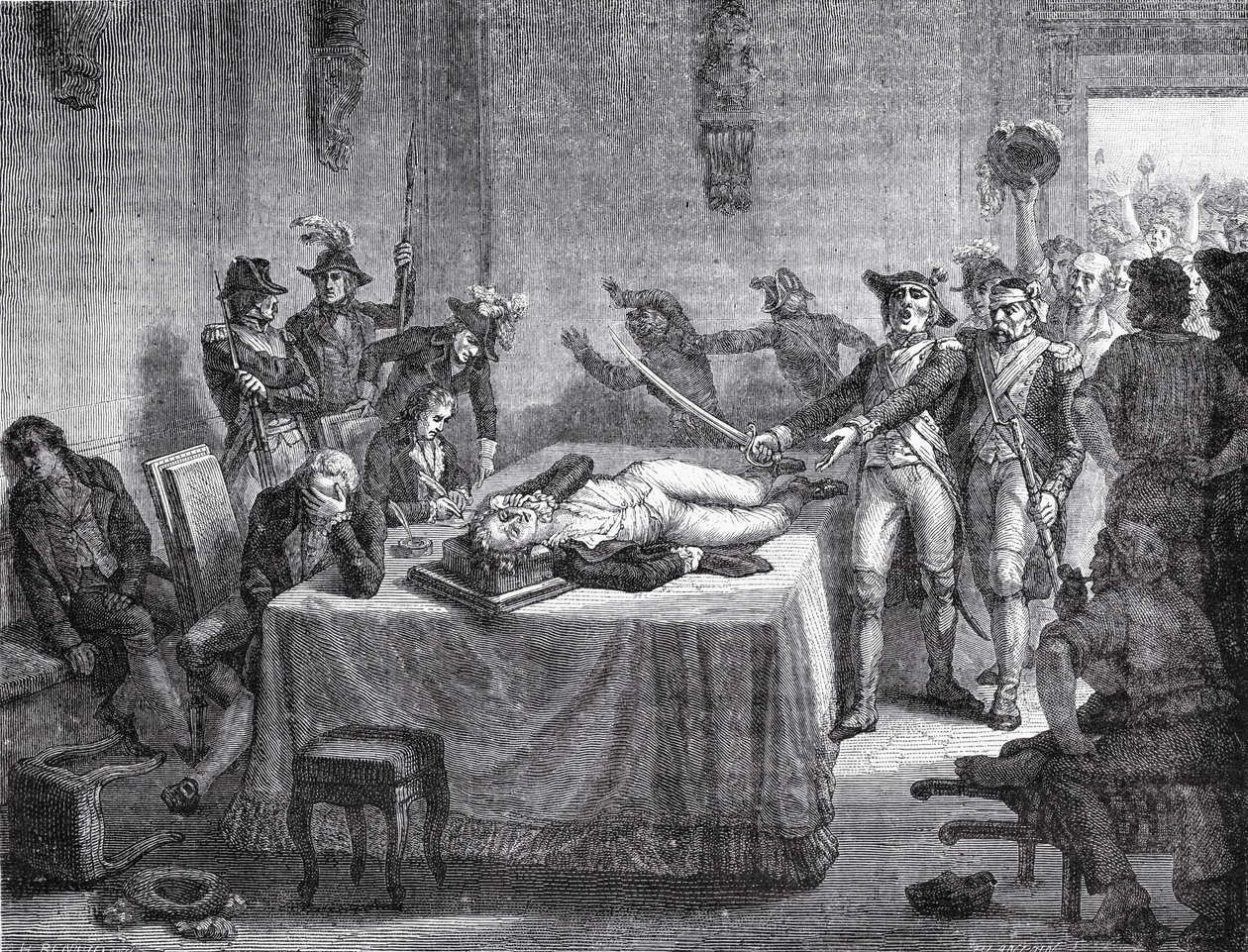 Robespierre wartet auf die Hinrichtung, nachdem er sich 1794 in den Kiefer geschossen hat von French School