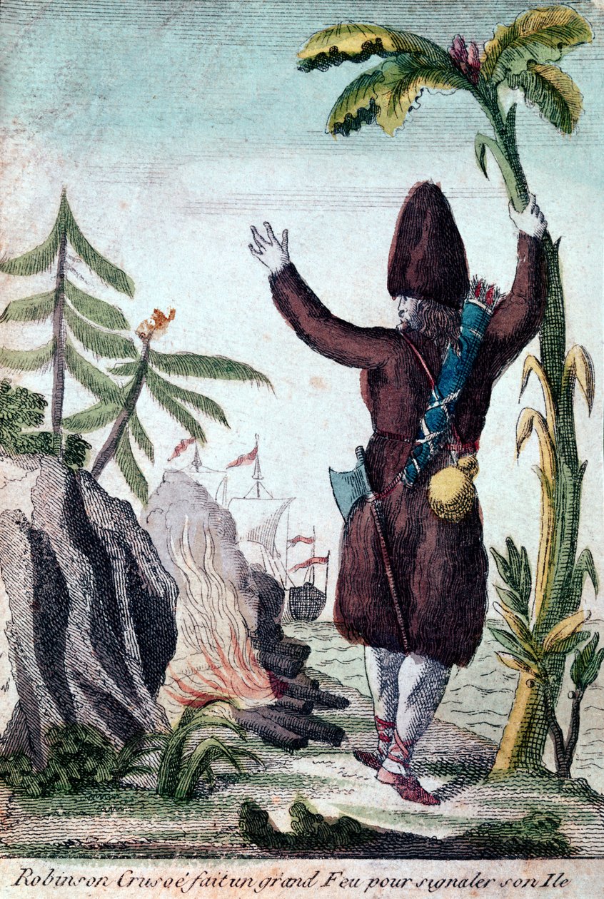 Robinson Crusoe macht ein Feuer, um auf seine Insel aufmerksam zu machen, Imagerie Basset (Farbgravur) von French School