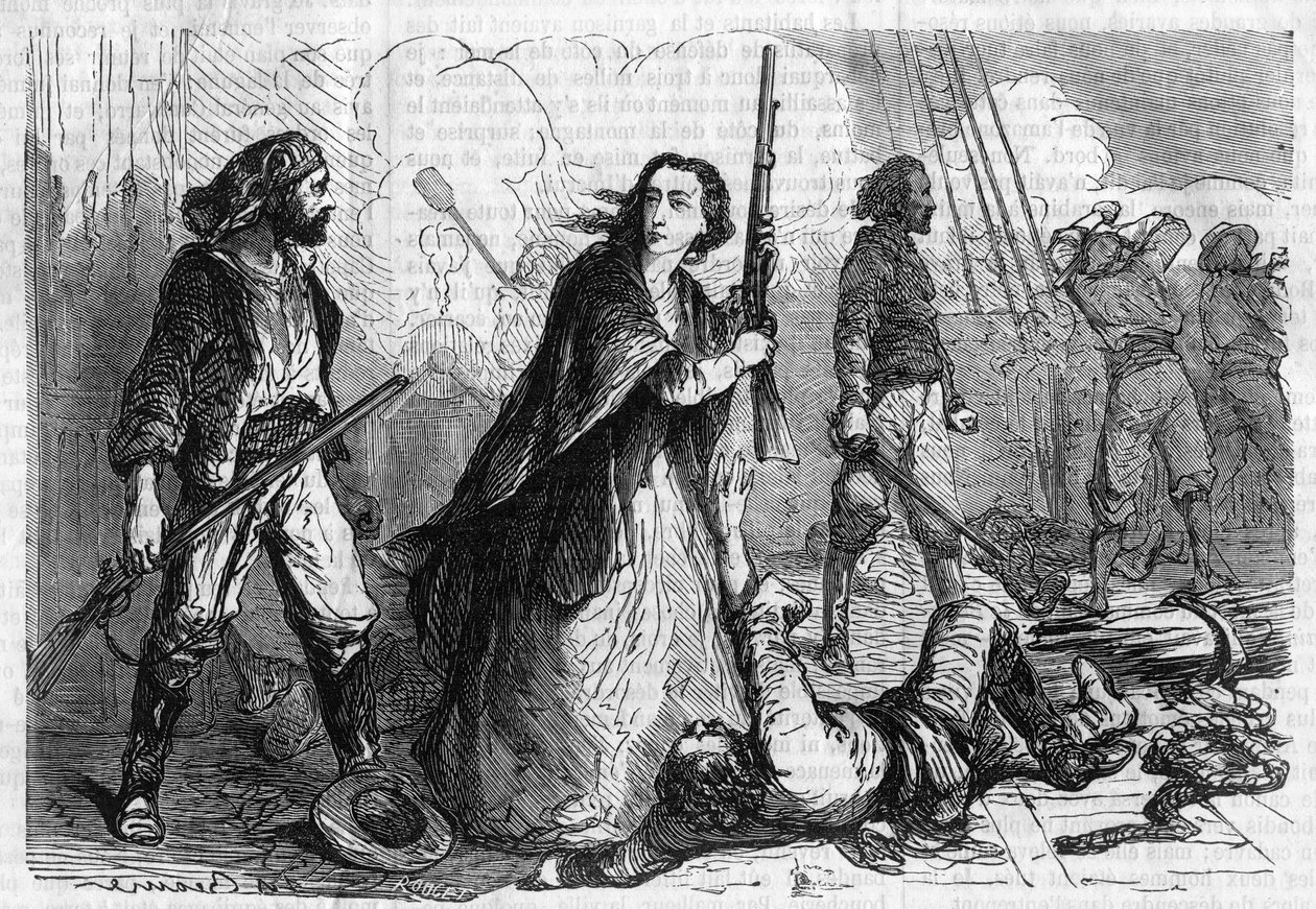 Romanserie: „Denkwürdigkeiten von Joseph Garibaldi“ von Alexandre Dumas (1802-1870). Anita Garibaldi (1821-1849), Ehefrau von Giuseppe Garibaldi, nimmt an der Schlacht teil, mit einem Gewehr in der Hand. Gravur in „Les bons romans“ von French School