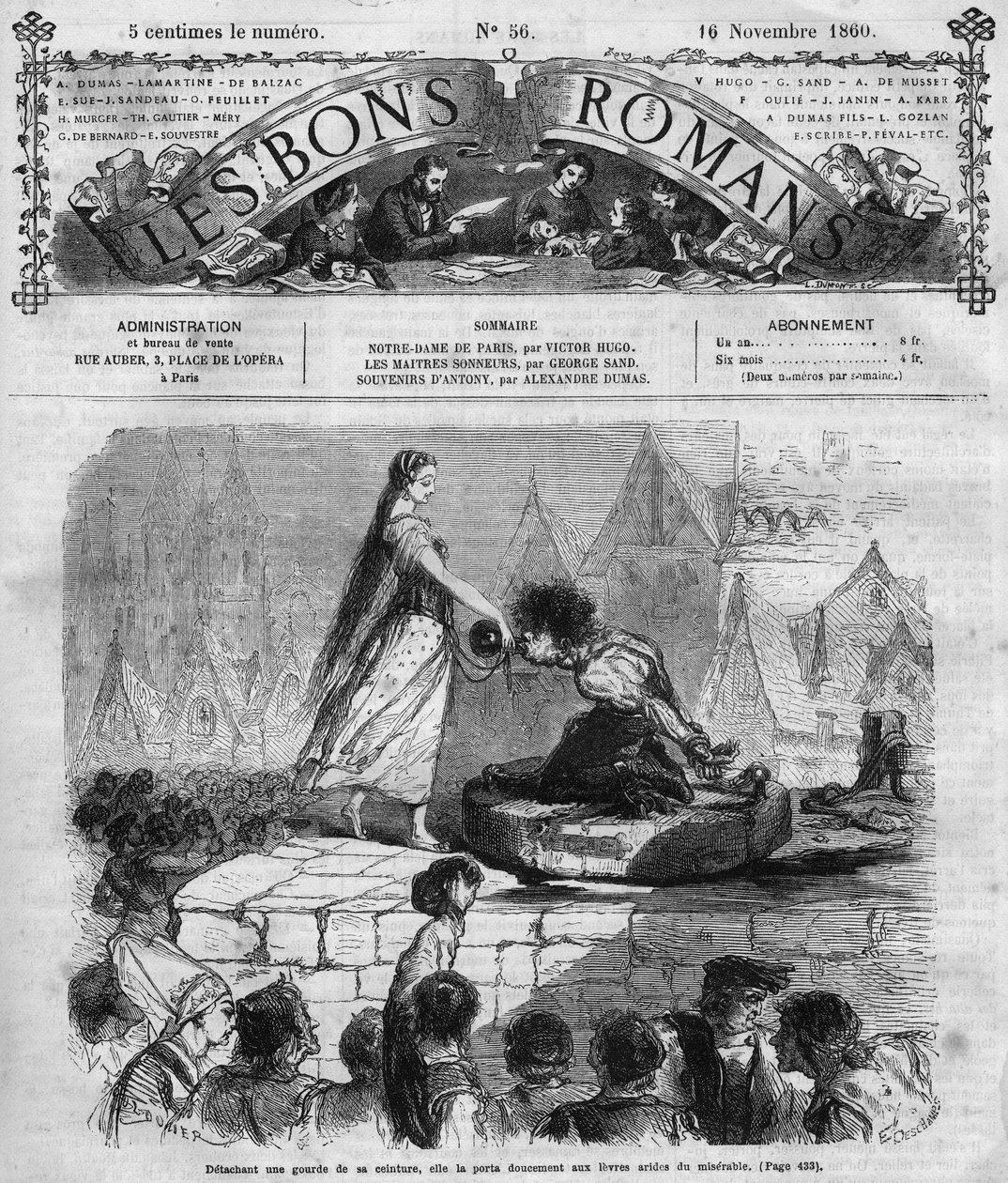 Roman: „Notre Dame de Paris“ von Victor Hugo. Quasimodo und Esmeralda. Gravur in „Les bons romances“ von French School