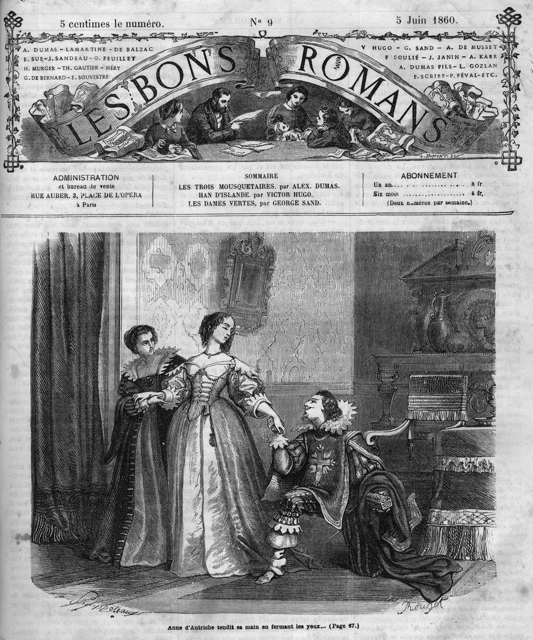 Romanserie: „Die drei Musketiere“ von Alexandre Dumas père. Anne von Österreich überreicht dem Herzog von Buckingham eine Schachtel mit ihren Diamantspangen. Illustration von Kapitel XII. Gravur in „Les bons romans“ von French School