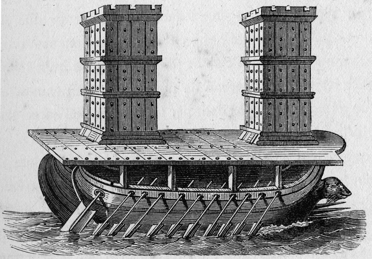 Römisches Schiff mit Türmen. Gravur in „La Marine et les colonies: commerce“ von French School
