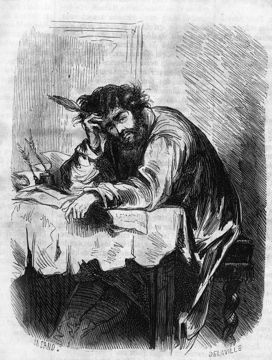 Römische Seifenoper: „Horace“ von George Sand (Aurore Dupin, Baronne Dudevant) (1804-1876). „Horace war mit literarischen Essays beschäftigt.“ Gravur in „Les bons romances“ von French School