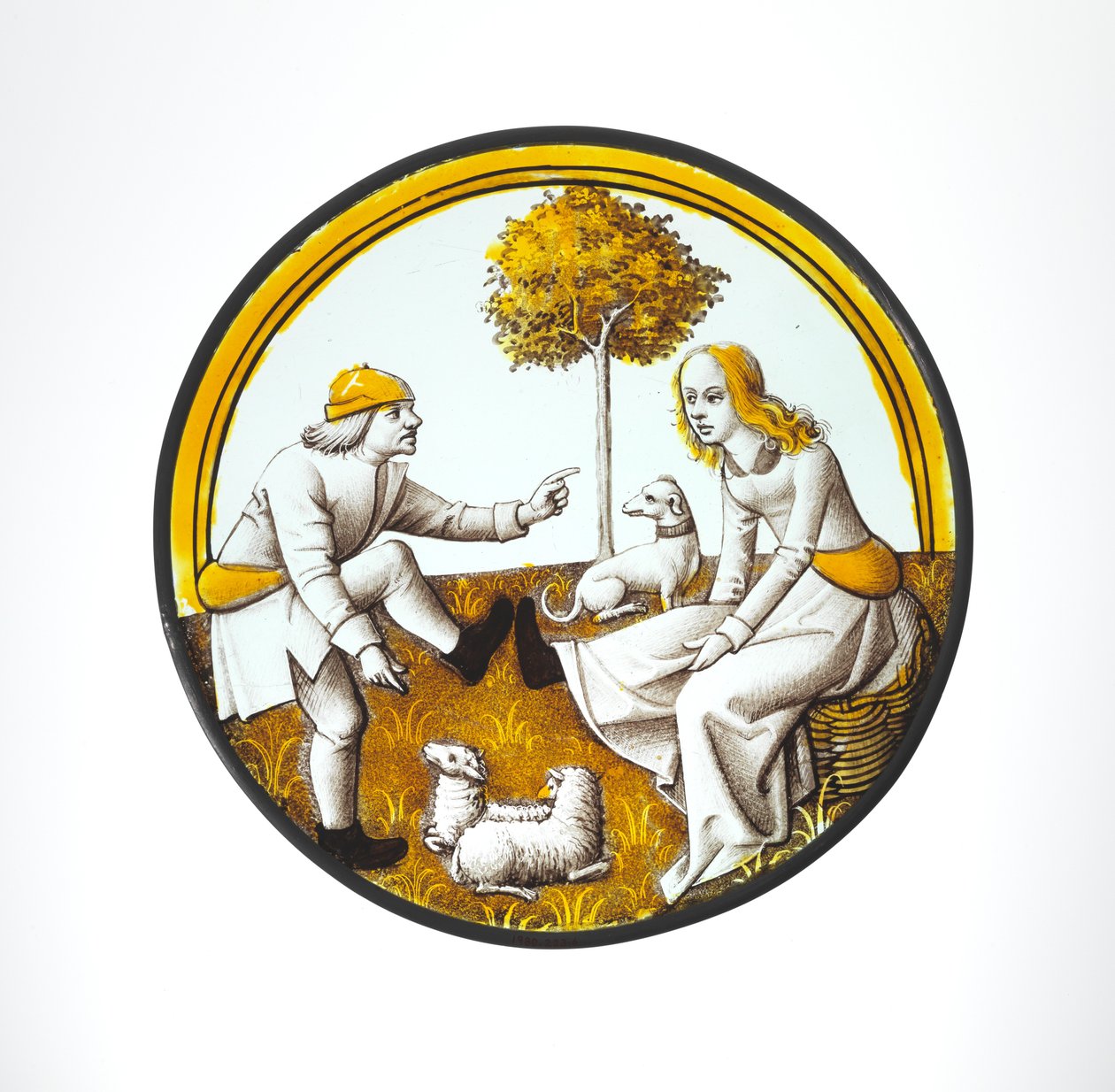 Rundel mit Paar beim Quintain-Spiel, ca. 1500 (Glas, Glasmalerei und Silberstich) von French School
