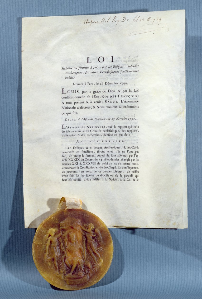 Königlicher Erlass von Ludwig XVI., der die Verpflichtung der französischen Bischöfe und Priester zur Ablegung eines Treueeids auf die Zivilverfassung des Klerus bestätigt, 16. Dezember 1790 von French School