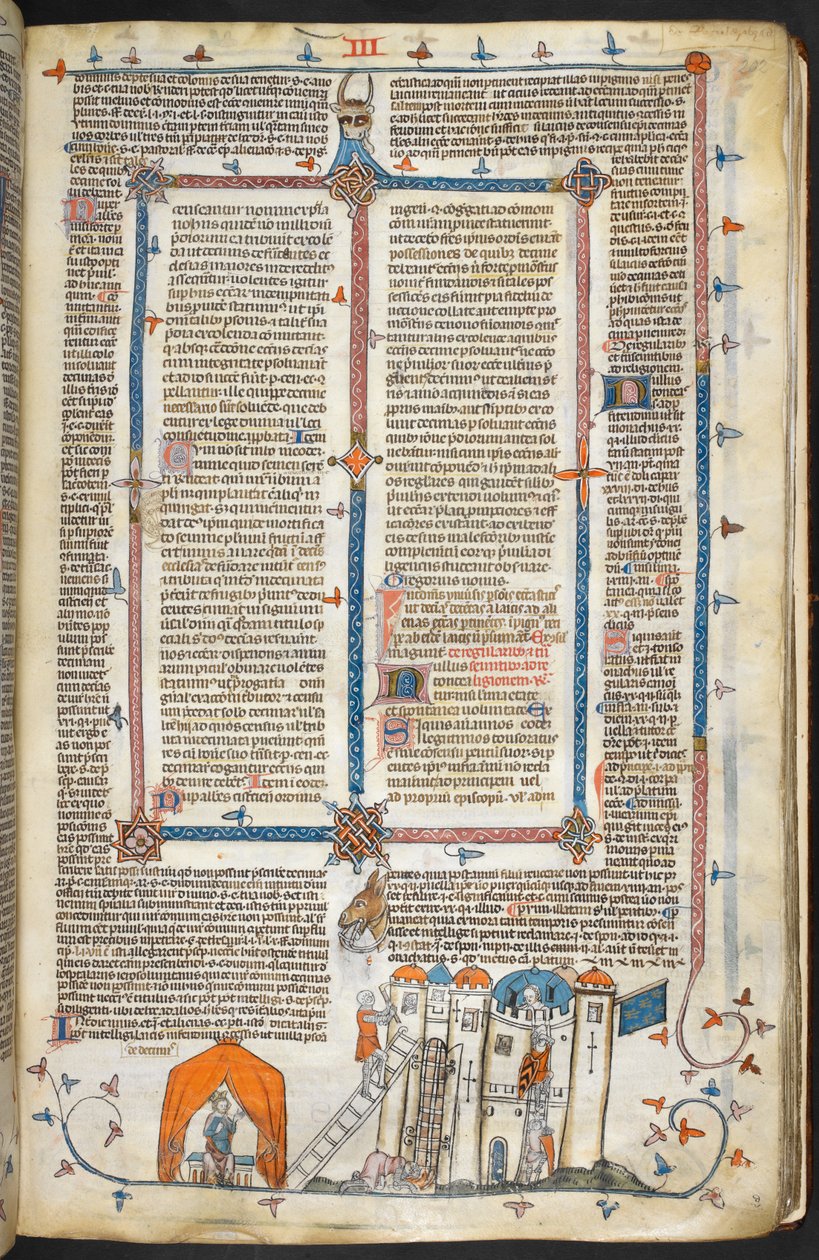 Angriff auf eine befestigte Burg und Randdekoration, Illustration aus 