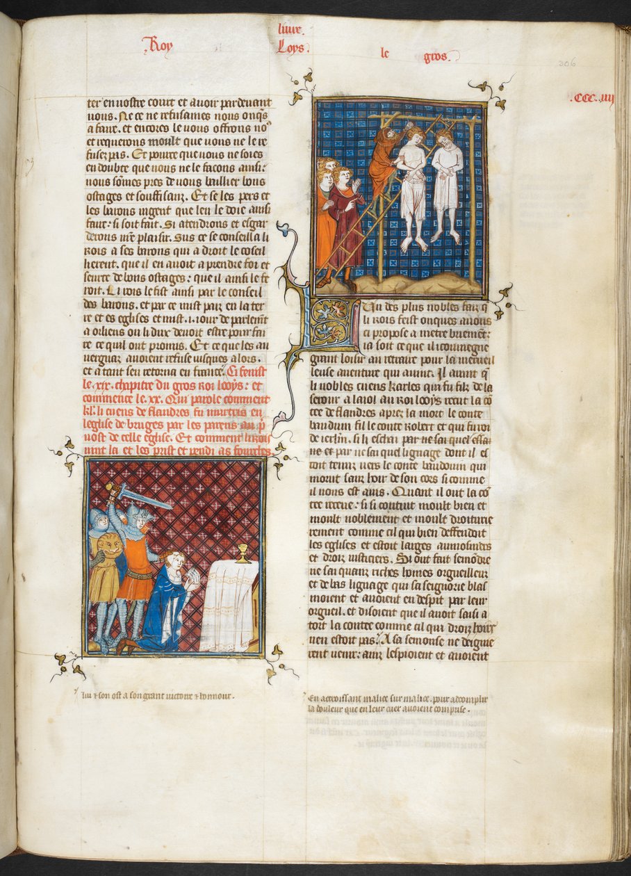 Royal MS 16 G. VI, f.306r, Mord an Charles, Graf von Flandern gehängt (Louis VI, Buch 20), aus Les Grandes Chroniques de France von French School