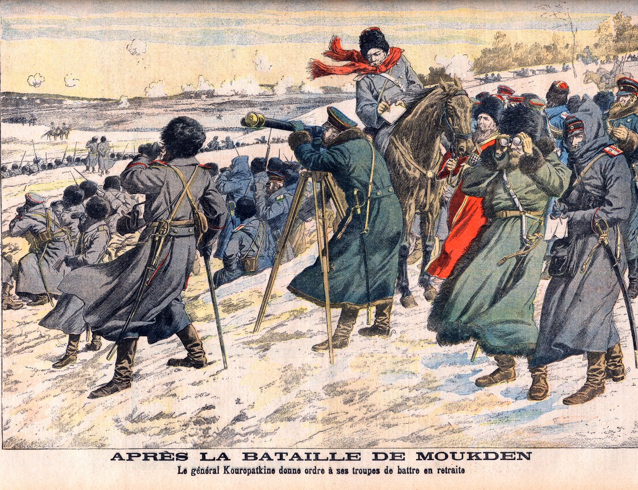 Russisch-Japanischer Krieg - Nach der Schlacht von Mukden Der russische Kommandant, General Kuropatkin, befiehlt den Rückzug seiner Armee. Russisch-Japanischer Krieg (1904-1905) - Nach der Schlacht von Mukden. General Kuropatkin befiehlt seinen Truppen den von French School