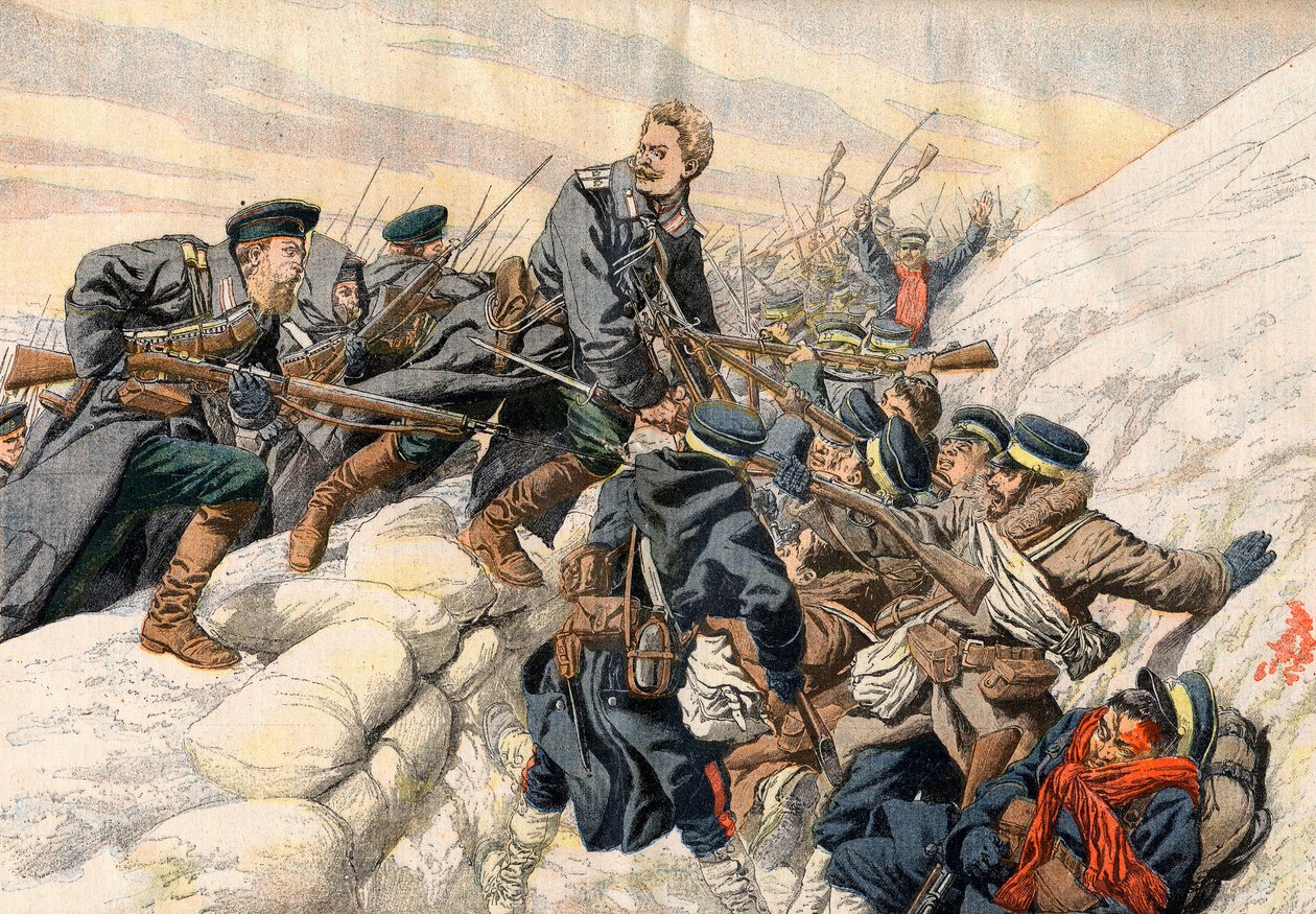 Russisch-Japanischer Krieg - Kämpfe in den Schützengräben bei Port Arthur, Russisch-Japanischer Krieg. Der heldenhafte Tod des russischen Leutnants Alexander - In den Schützengräben von Port Arthur. Heldentod des russischen Leutnants Alexander. Illustratio von French School