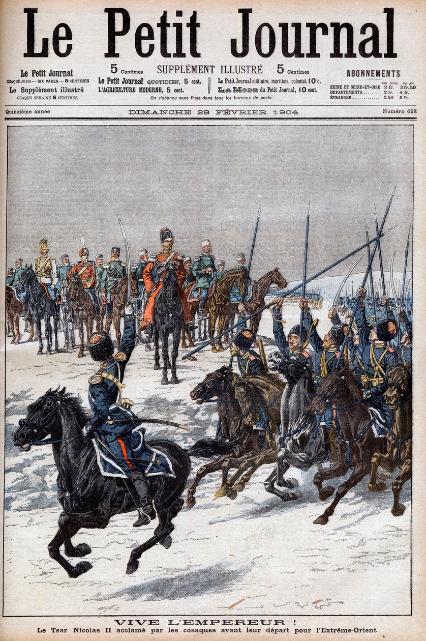 Russisch-Japanischer Krieg 1904-1905 - Kosaken bejubeln Zar Nikolaus II. vor der Abreise in den Fernen Osten, um gegen die Japaner zu kämpfen, in „Le Petit Journal“, 28. Februar 1904 (Gravur) von French School