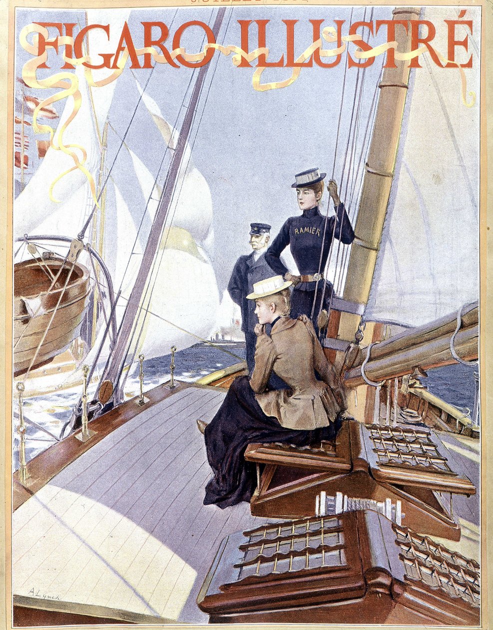 Segeln: Frauen auf dem Deck eines Bootes - Zeichnung in „Figaro illustriert“ von 1891, Arts Deco von French School