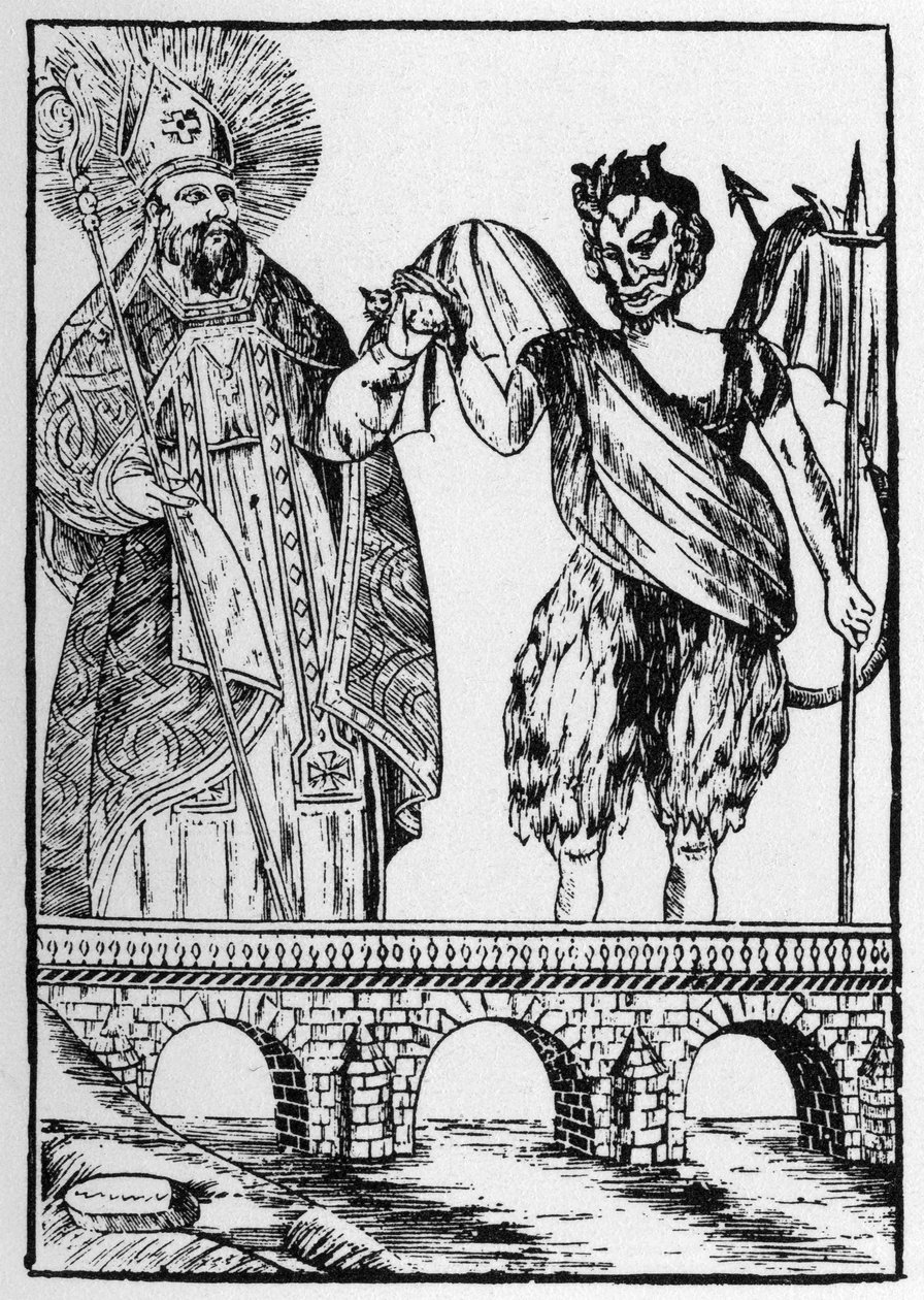 Der heilige Cado (oder Cadoc oder Catuod oder Catoc oder Cazut oder Cadochus), legendärer christlicher Heiliger, gibt dem Teufel eine Katze im Austausch für den Bau einer Brücke - Volksbilder Perret von French School