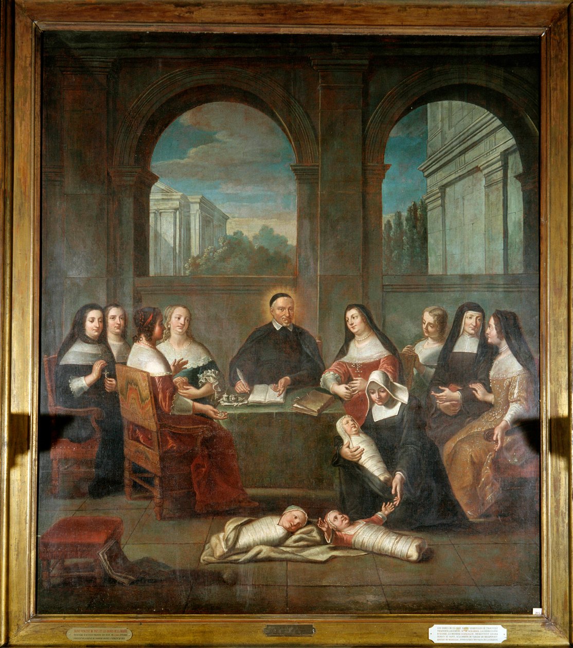 Heiliger Vinzenz von Paul und die Damen der Nächstenliebe. Darstellung von Vinzenz von Paul, Priester, Gründer der Töchter der Nächstenliebe, umgeben von Nonnen und Damen der Nächstenliebe. Anonymes Gemälde von French School