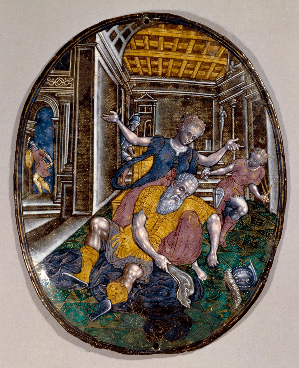 Samson und Delila. Samson verliert seine Kraft, nachdem Delila ihm die Haare geschnitten hat. Limoges-Buch. Um 1575. London, Victoria and Albert Museum von French School