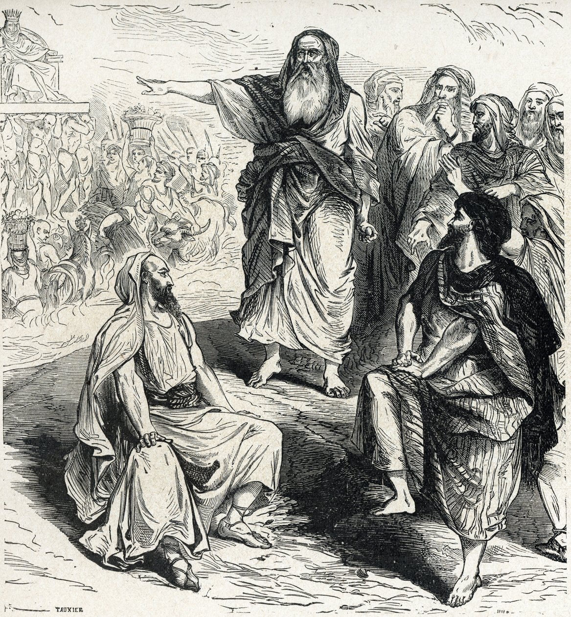 Samuel zeigt den Israeliten die Gefahren eines Königs, Gravur von Lahure, 19. Jahrhundert, Privatbesitz von French School