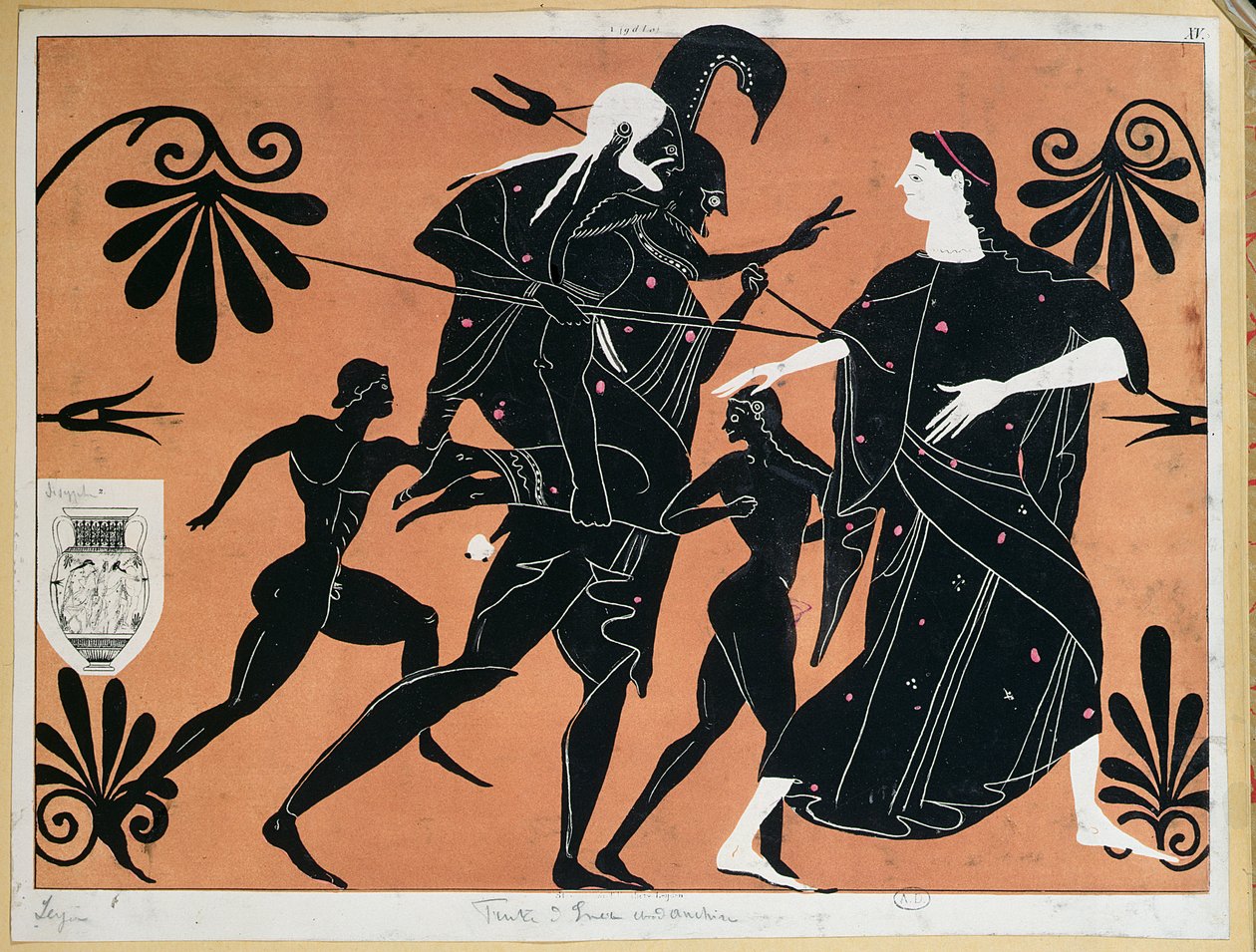 Szene von einer antiken griechischen Vase, die die Flucht des Aeneas aus Troja mit seinen Söhnen und seinem Vater Anchises auf dem Rücken darstellt von French School