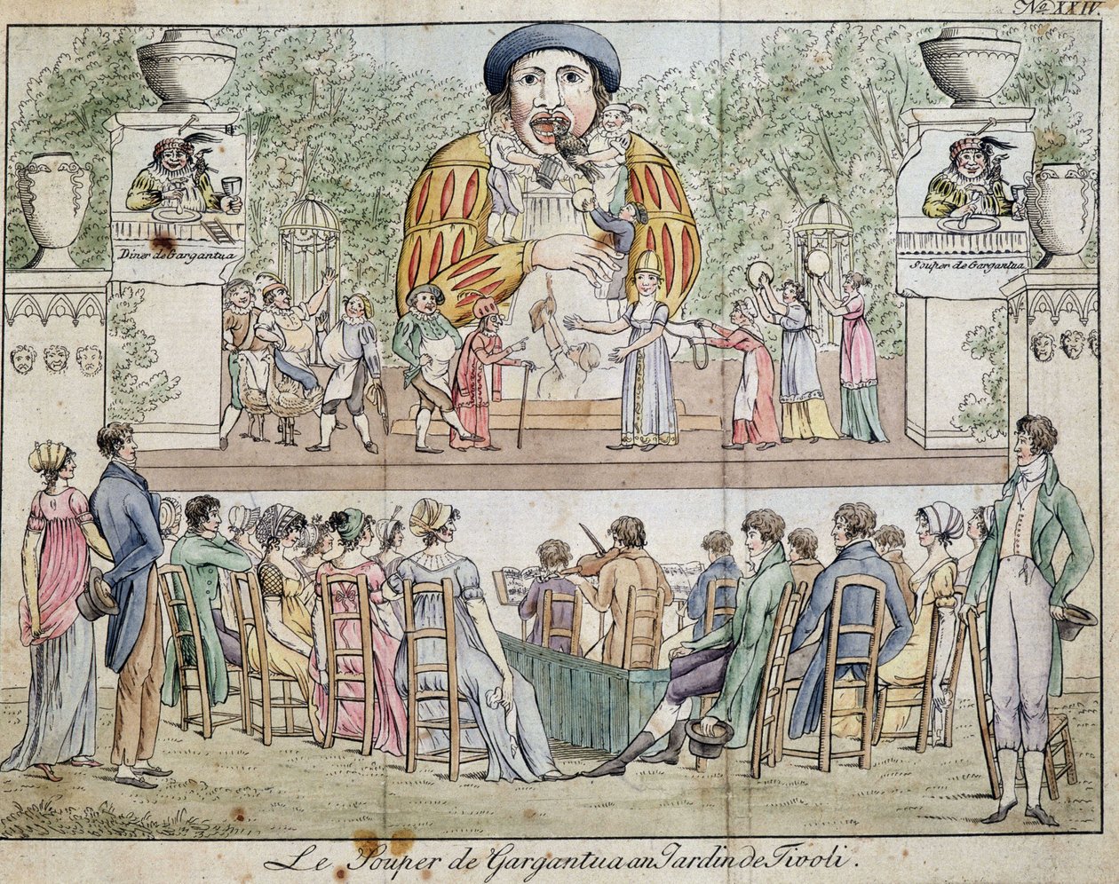 Szene des Abendessens von Gargantua mit Publikum, Attraktion des Tivoli-Gartens, ca. 1805 von French School
