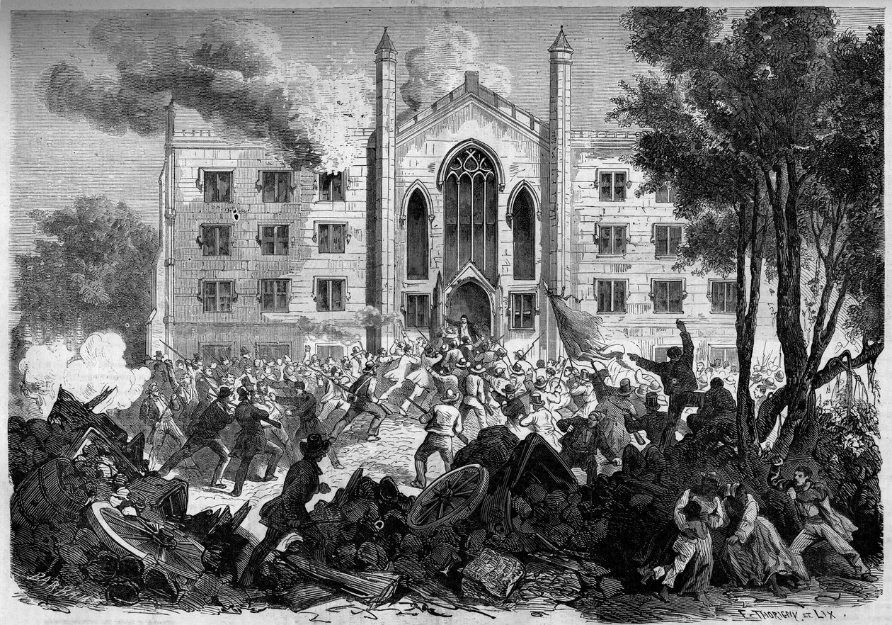 Sezessionskrieg oder Amerikanischer Bürgerkrieg (1861-1865) - New York - Juli 1863: Widerstand gegen die Einberufung, Aufständische setzen das Waisenhaus der Farbigen in New York City während der „Draft Riots“ in Brand. Gravur in „Le Monde Illustré“ Nr. 33 von French School