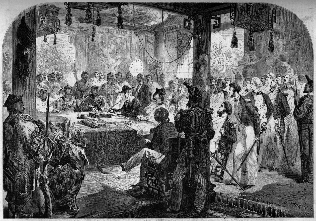 Zweiter Opiumkrieg zwischen Frankreich und England und China (1858-1860) - Unterzeichnung des Tianjin-Vertrags (Tientsin) im Jahr 1858: Englische und französische Botschafter Lord Elgin (James Bruce) von French School