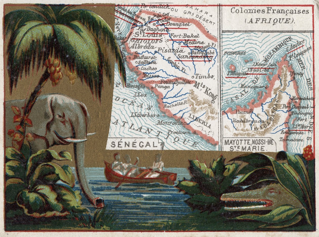 Senegal, Mayotte, Ile de Sainte Marie, Nossi Be (Nossi-be oder Nosy-be oder Nosy be), Afrika. Elefant, Krokodil und Boot in einem Fluss. Serie über die französischen Kolonien. Chromolithographie „der geografische Faden“, um 1920. Private Sammlung von French School