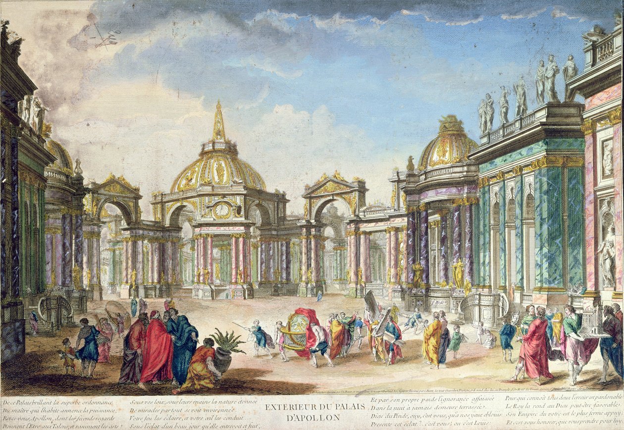 Bühnenbild für das Äußere des Palastes von Apollo, veröffentlicht in Paris, 1748 von French School
