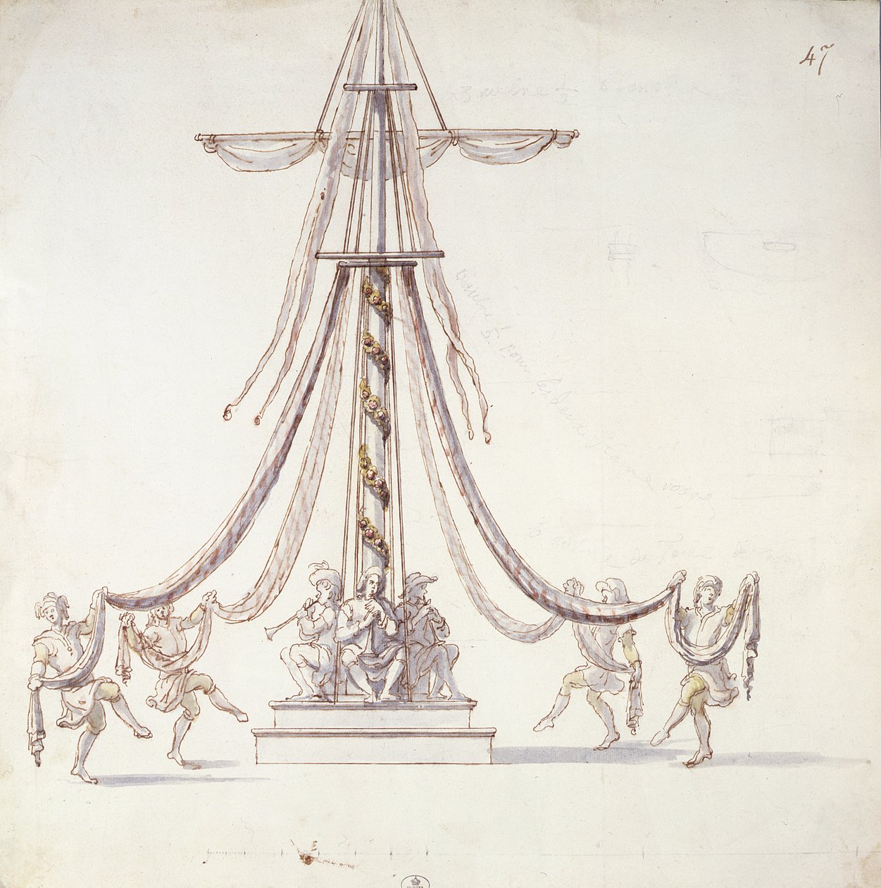 Bühnenbild für ein Ballett mit Matrosen, die um einen Mast tanzen, aus einer Sammlung mit dem Titel Les Menus Plaisirs du Roi von French School