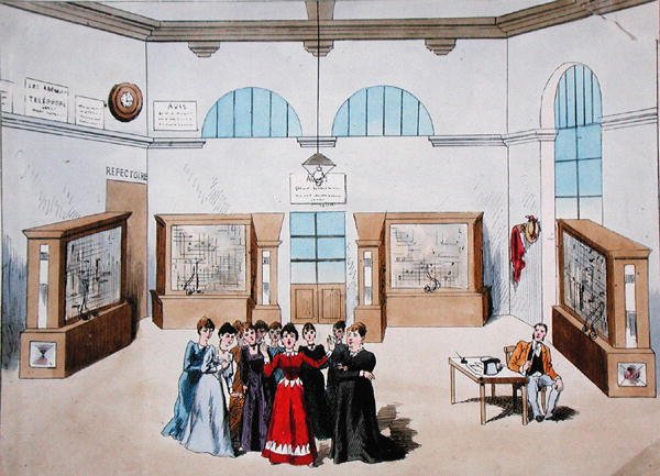 Bühnenbild für eine Operette mit Frauen als Telefonistinnen in einer zentralen Telefonzentrale, späte 19. Jahrhundert (Farblithografie) von French School