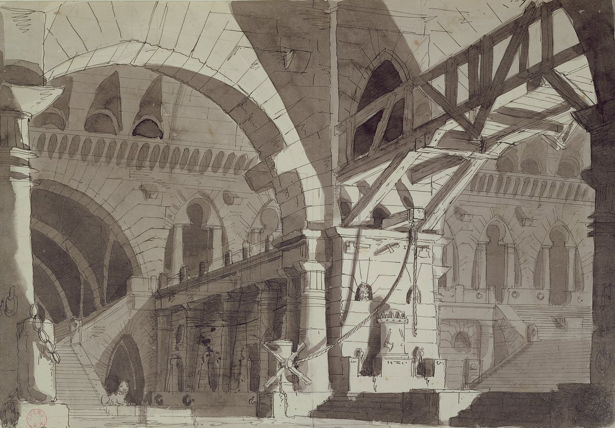Bühnenbild im Stil von Piranesis Gefängniszeichnungen, ca. 1800 von French School