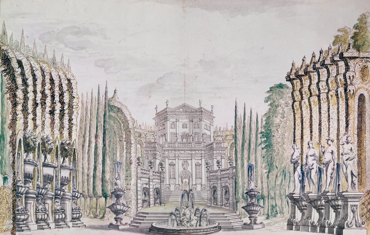 Bühnenbild eines Palastes für ein Theater, ca. 1660-80 (Feder und Aquarell auf Papier) von French School