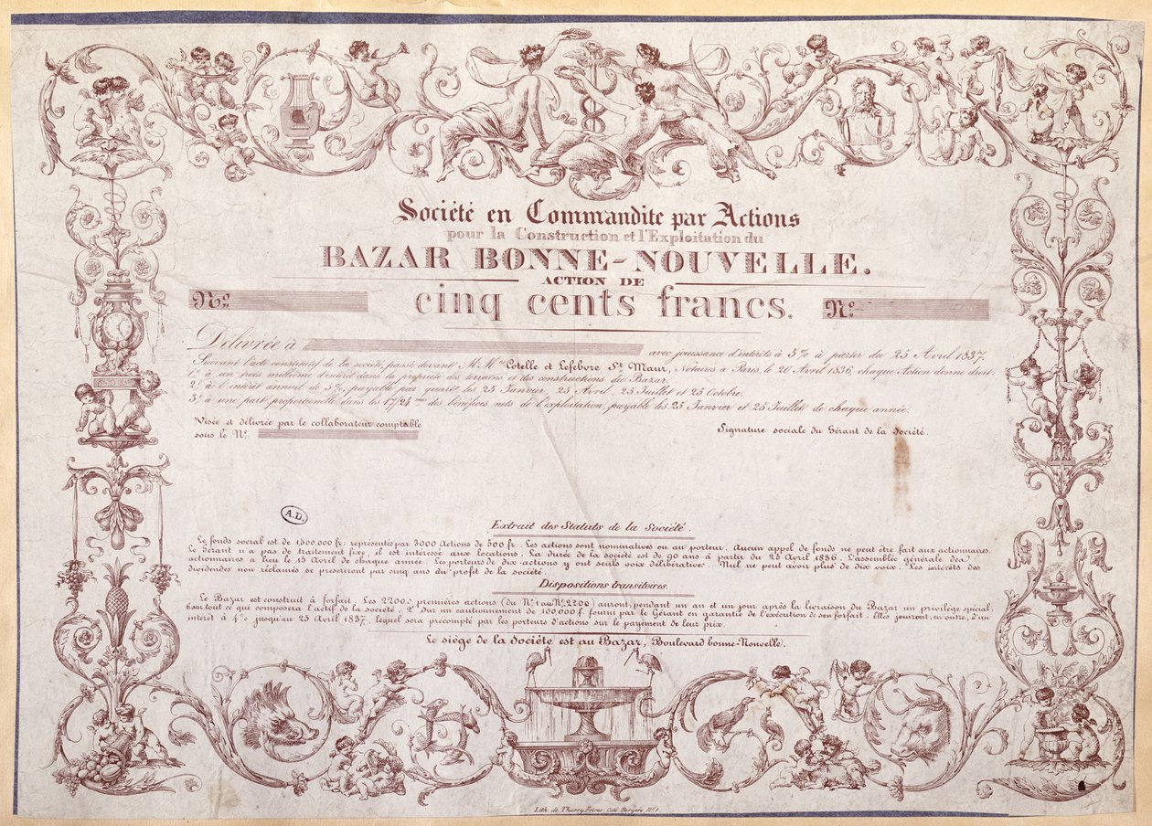 Aktienzertifikat über 500 Francs für den Bazar Bonne-Nouvelle, 1836 von French School