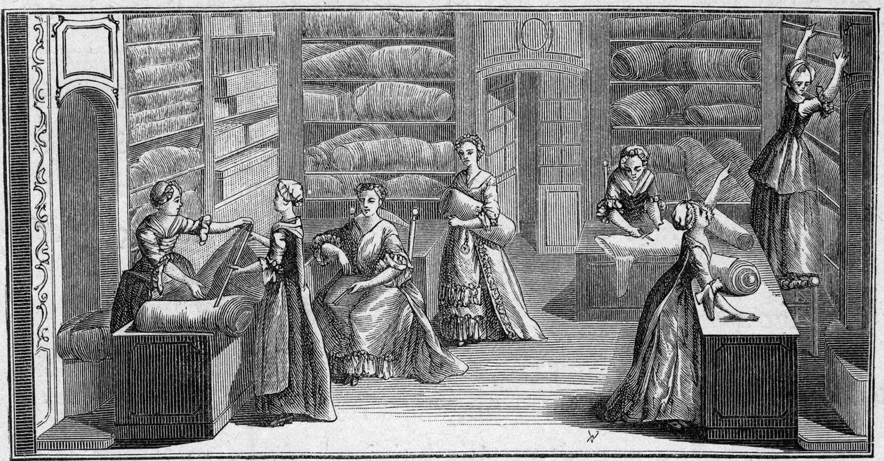 Laden eines „Modehändlers“ im 18. Jahrhundert. Gravur in „La Marine et les colonies: commerce“ von French School