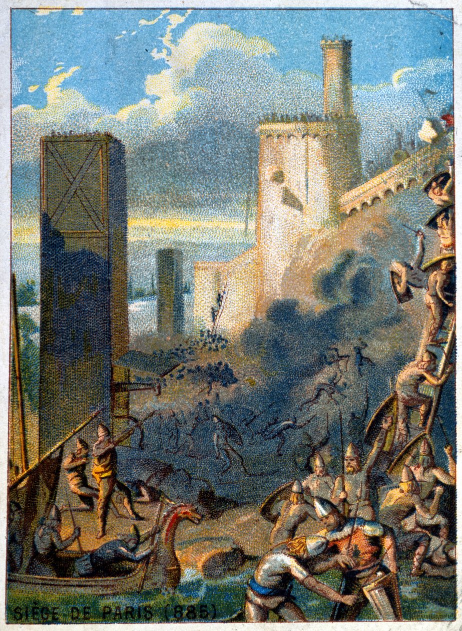 Belagerung von Paris (885) durch die Normannen (Wikinger). Chromolithographie der Serie „Patriotische Erziehung durch Bild“ von French School