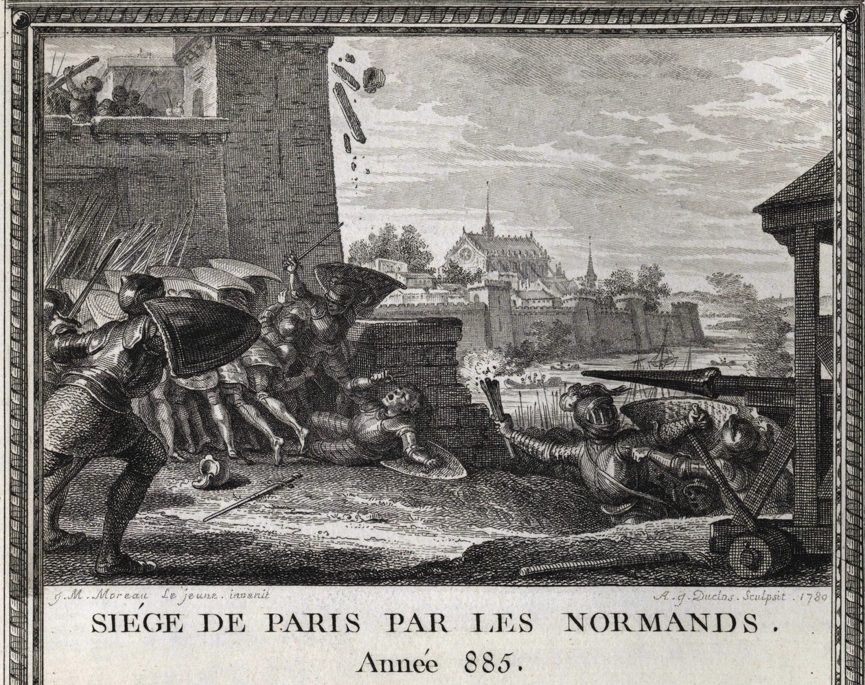 Belagerung von Paris durch die Normannen im Jahr 885. Gravur aus den „Figures de l