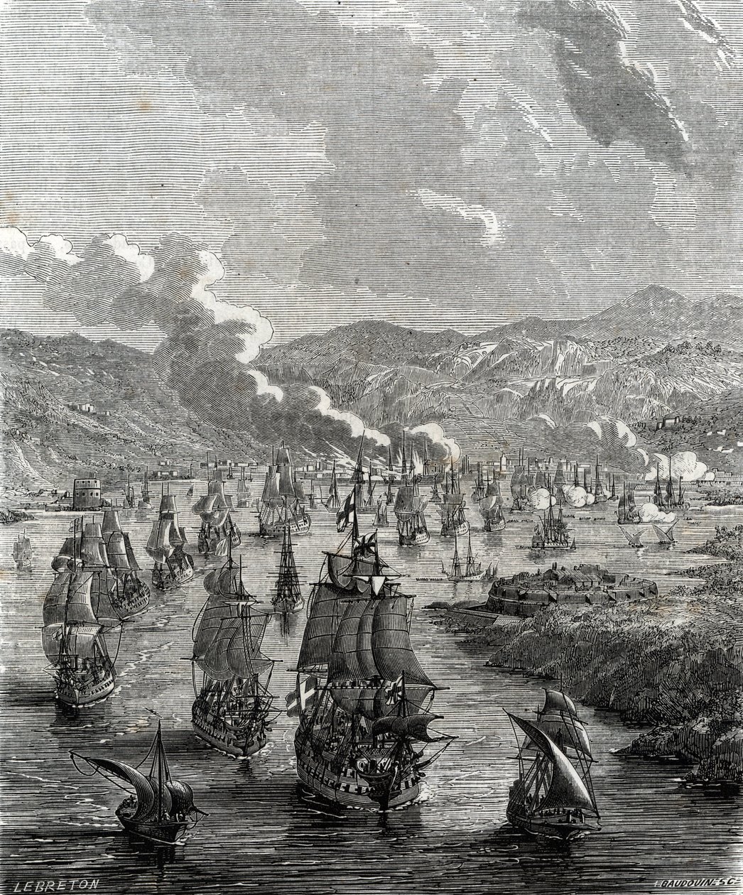Belagerung von Toulon fand zwischen dem 29. Juli und 21. August 1707 während des Spanischen Erbfolgekriegs statt, als eine alliierte Land- und Seestreitmacht die französische Marinebasis in Toulon belagerte (Gravur) von French School