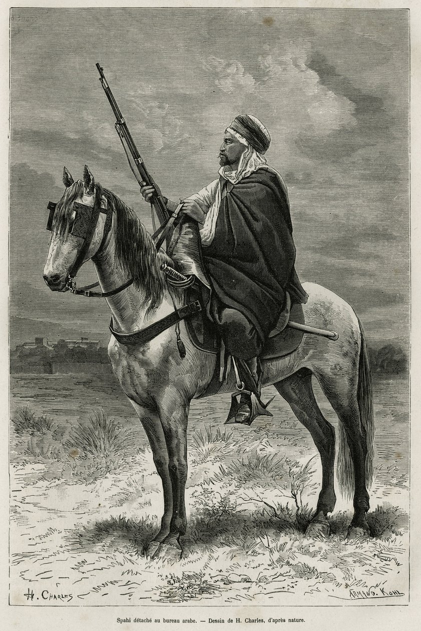 Spahi, effizienter Reiter und Schrecken, der zur Eroberung Algeriens beiträgt, im Dienst Frankreichs, abgelöst im Arabischen Büro, Gravur nach einer Zeichnung von H. Charles, zur Illustration der Geschichte Tebessa und seiner Denkmäler (Algerien), von A. H von French School