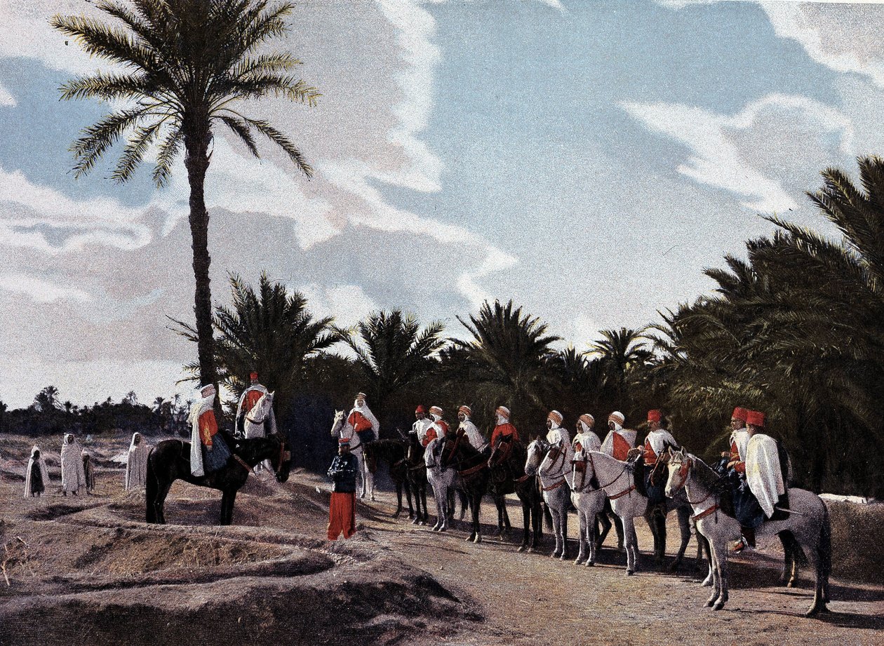 Spahis: Patrouille aus dem Süden, der einheimische Hauptmann berichtet seinem europäischen Schwadronführer von seiner Mission - in „Album militaire“ - Spahis von French School