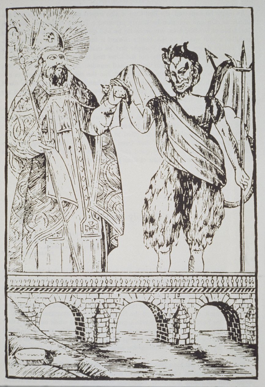 St. Cado und der Teufel, Kopie eines populären französischen Drucks, illustriert in einer Geschichte der Magie, veröffentlicht Ende des 19. Jahrhunderts von French School